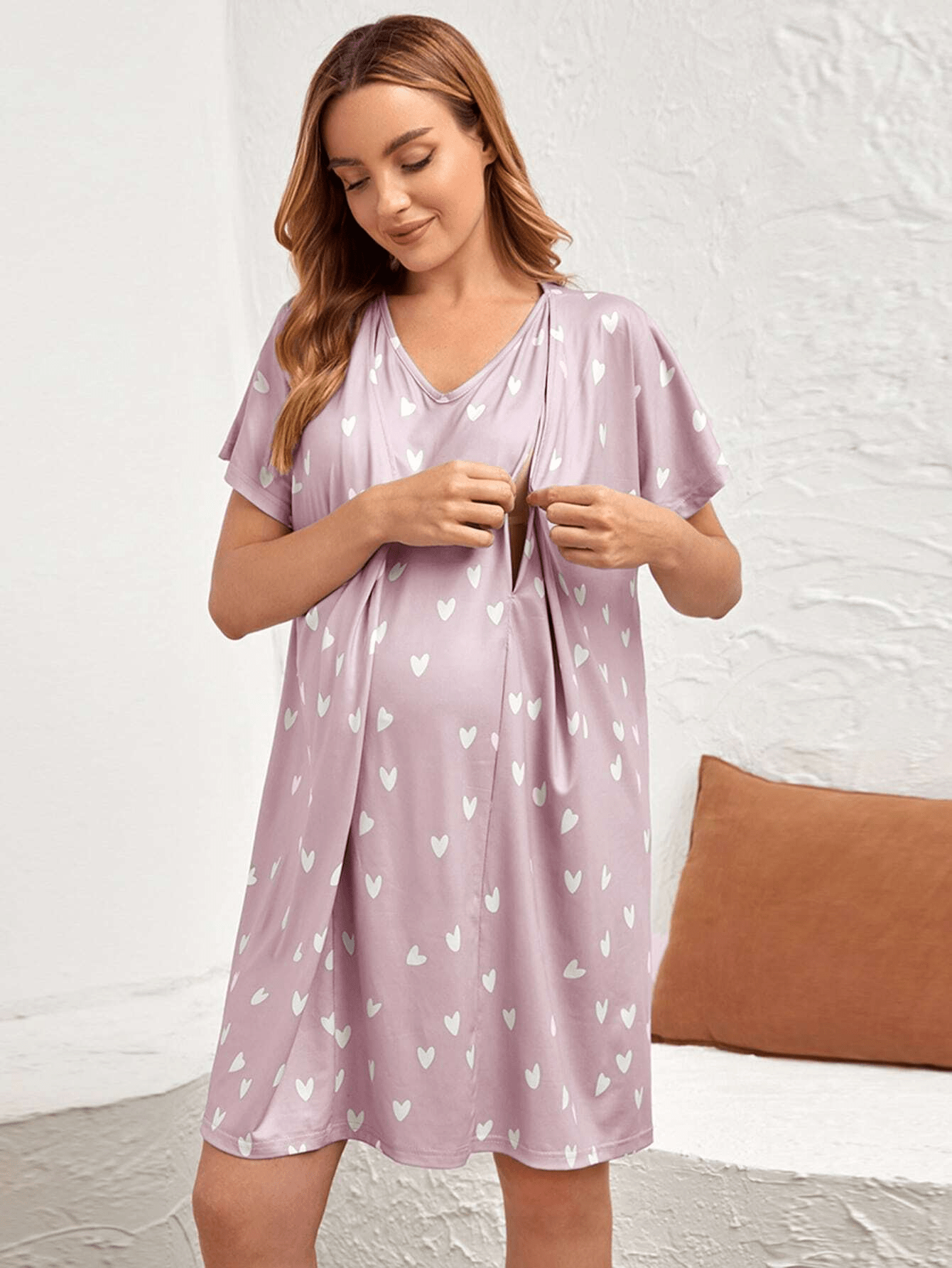 Nursing Maternity Nightgown – Short Sleeve Floral V-Neck Home Dress - Nestling Babies