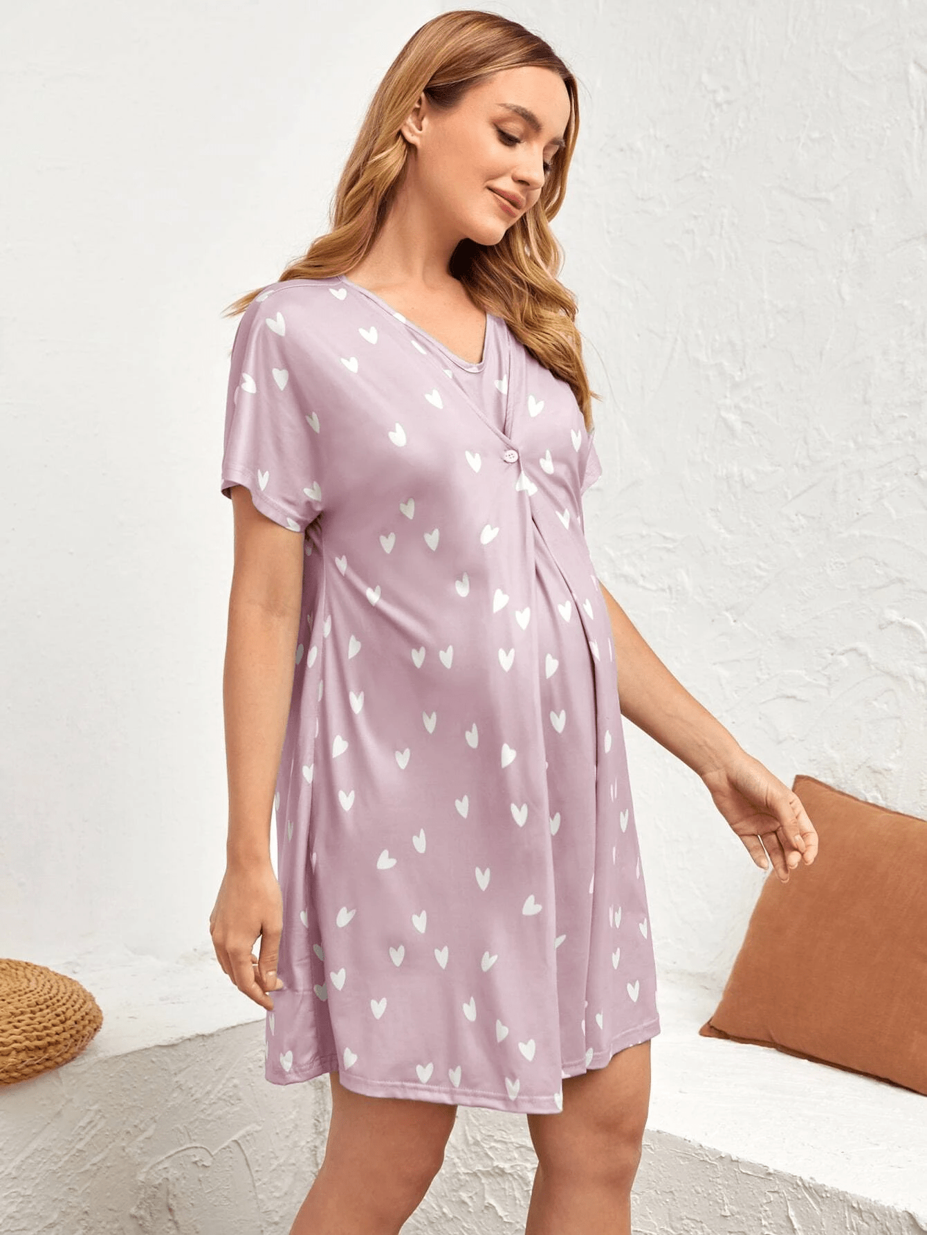 Nursing Maternity Nightgown – Short Sleeve Floral V-Neck Home Dress - Nestling Babies