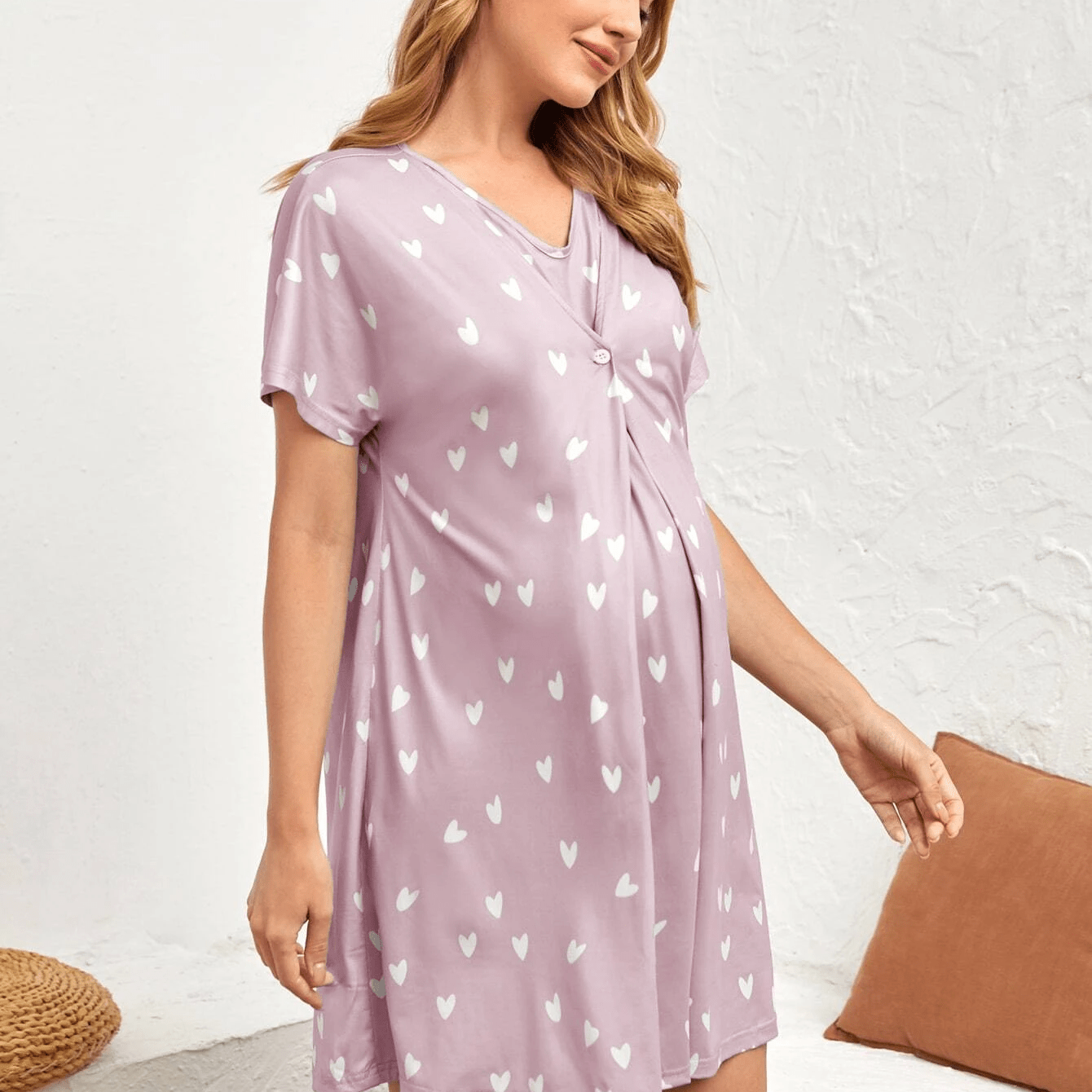 Nursing Maternity Nightgown – Short Sleeve Floral V-Neck Home Dress - Nestling Babies