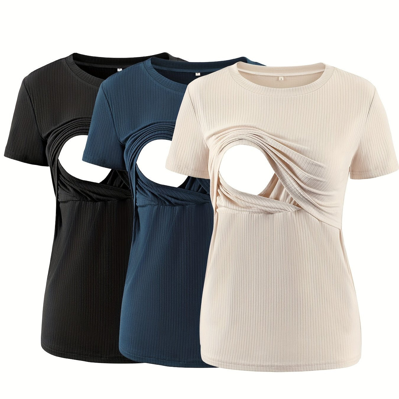 3-Pack Nursing Maternity T-Shirts – Rib Knit Short Sleeve Breastfeeding Tops - Nestling Babies