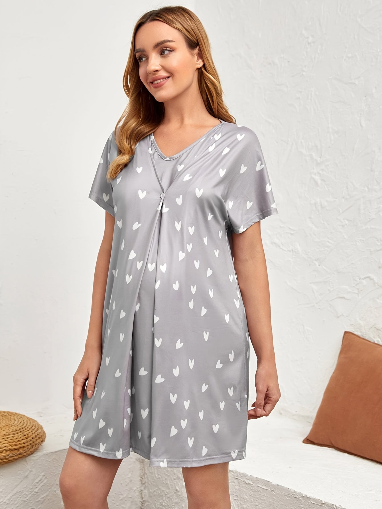 Nursing Maternity Nightgown – Short Sleeve Floral V-Neck Home Dress - Nestling Babies