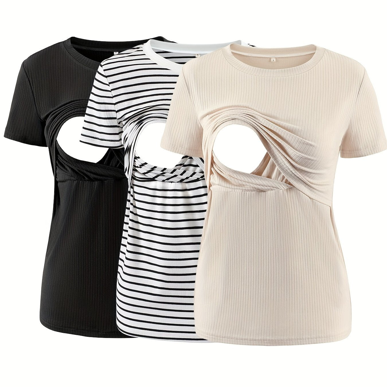 3-Pack Nursing Maternity T-Shirts – Rib Knit Short Sleeve Breastfeeding Tops - Nestling Babies