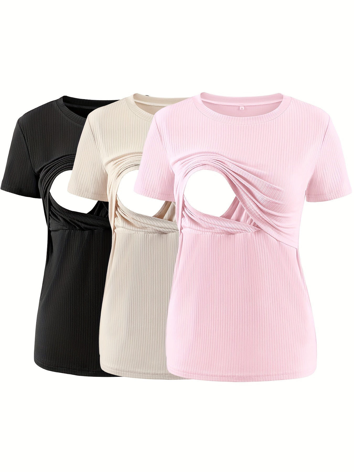 3-Pack Nursing Maternity T-Shirts – Rib Knit Short Sleeve Breastfeeding Tops - Nestling Babies