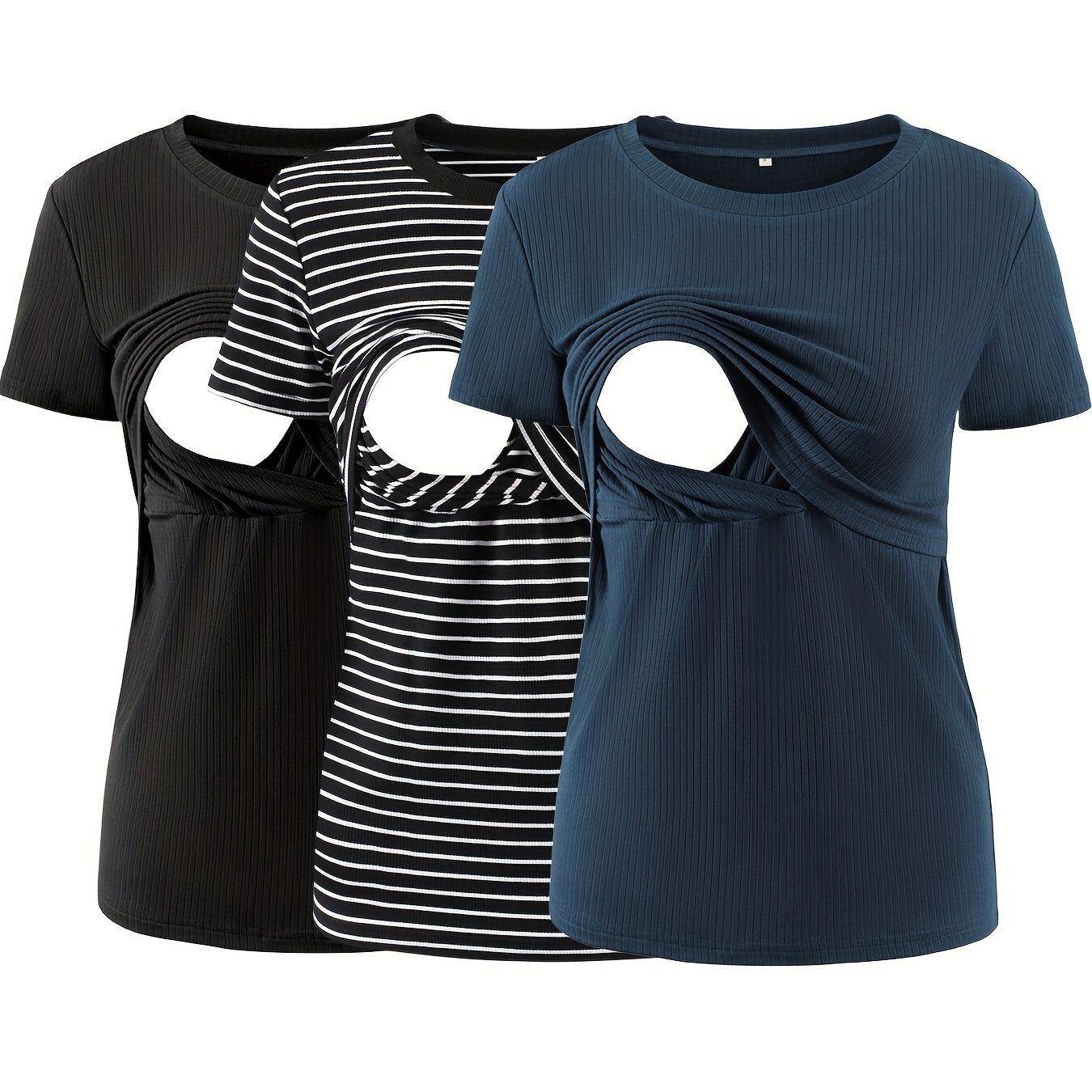 3-Pack Nursing Maternity T-Shirts – Rib Knit Short Sleeve Breastfeeding Tops - Nestling Babies