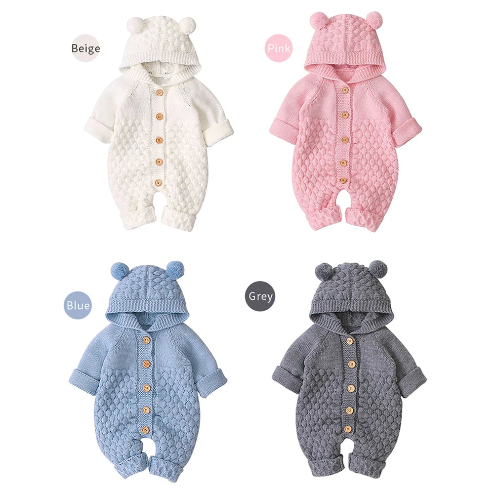 Cozy Knit Hooded Romper – Bear Ear Winter Jumpsuit (0–12M) - Nestling Babies