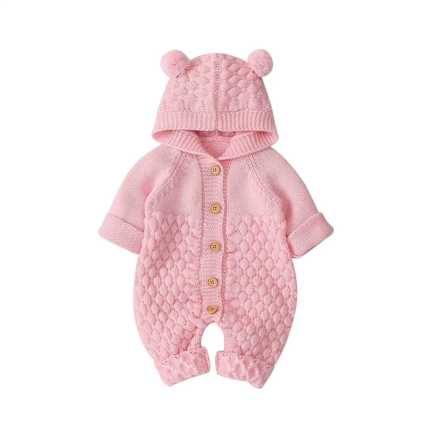 Cozy Knit Hooded Romper – Bear Ear Winter Jumpsuit (0–12M) - Nestling Babies