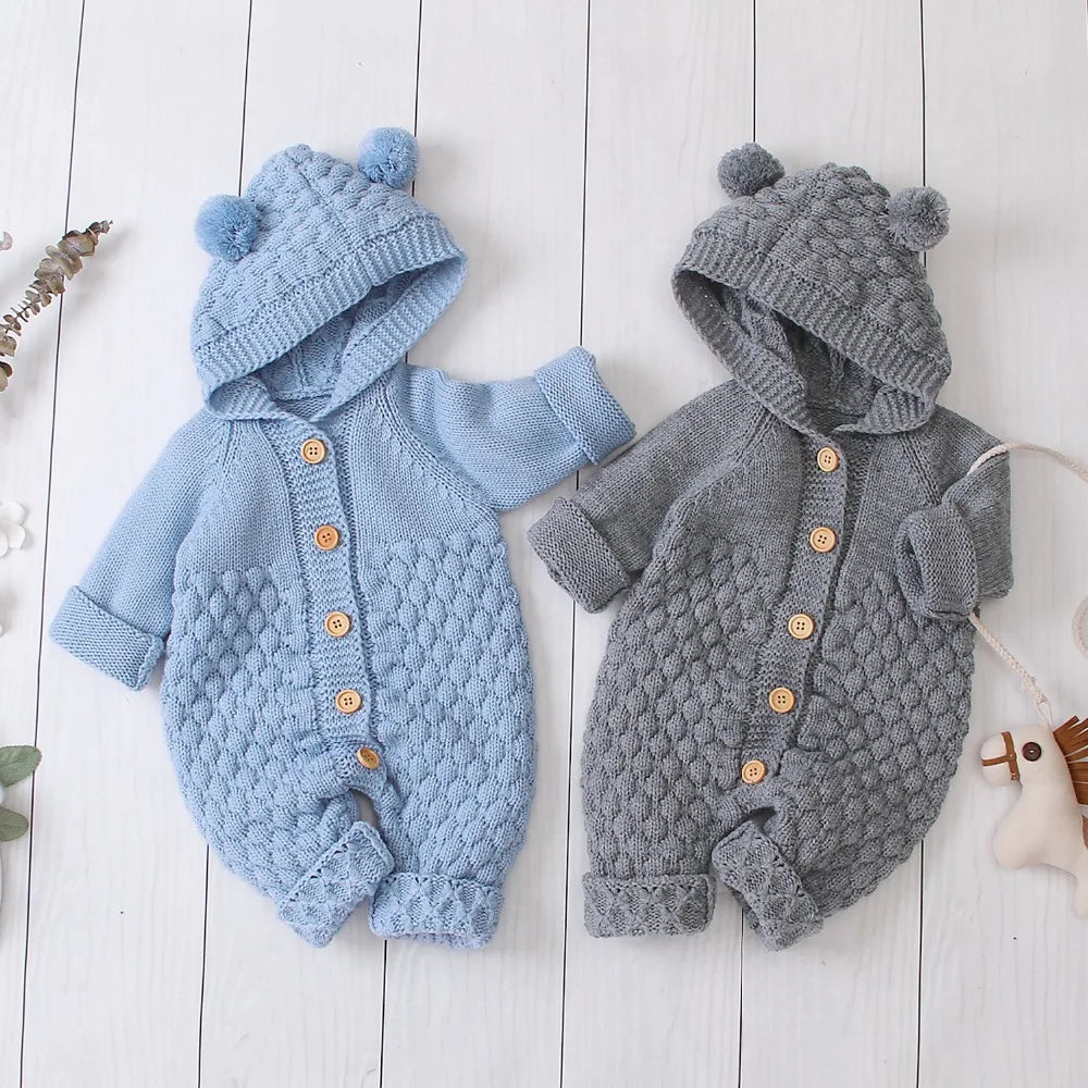 Cozy Knit Hooded Romper – Bear Ear Winter Jumpsuit (0–12M) - Nestling Babies