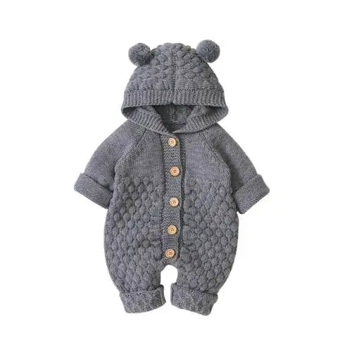 Cozy Knit Hooded Romper – Bear Ear Winter Jumpsuit (0–12M) - Nestling Babies
