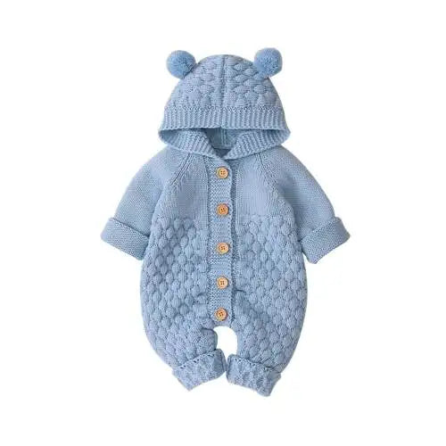 Cozy Knit Hooded Romper – Bear Ear Winter Jumpsuit (0–12M) - Nestling Babies
