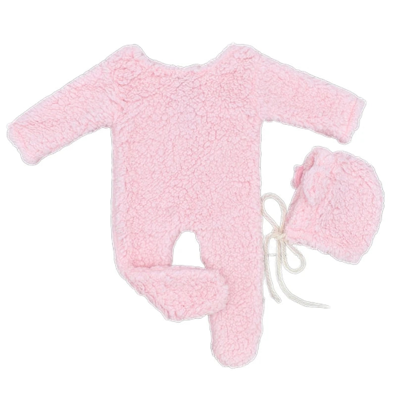 Newborn Bear-Themed Photoshoot Set – Fleece Romper + Hat (2PCS) - Nestling Babies