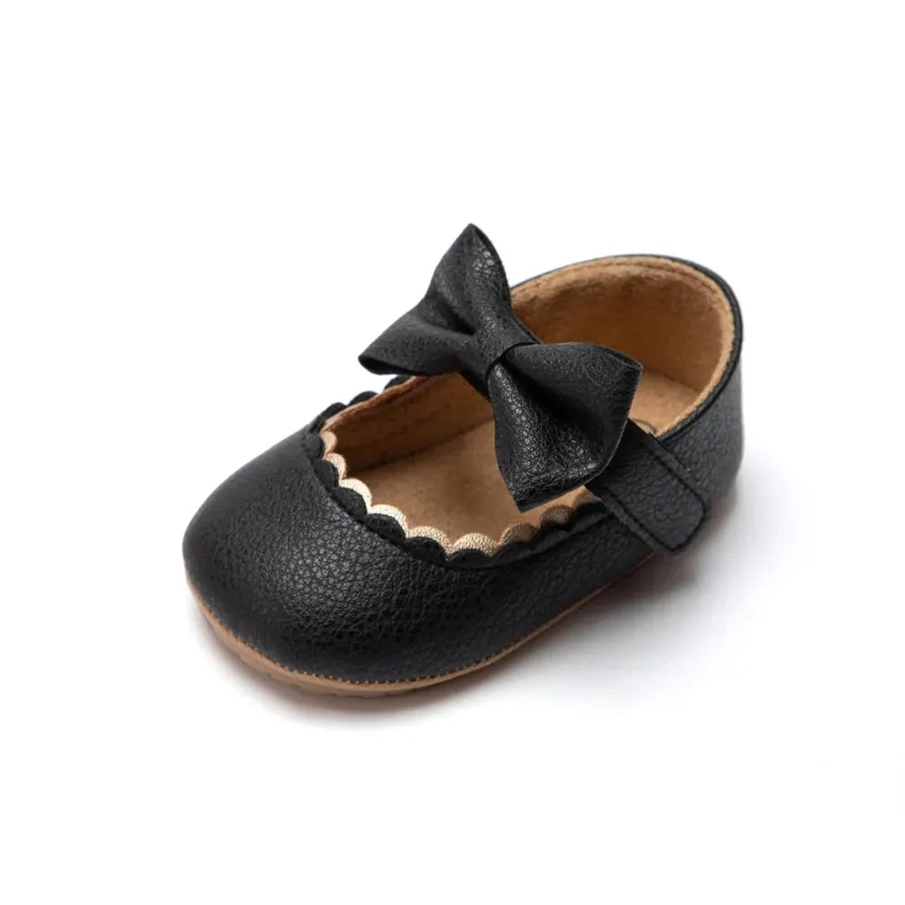 Baby Girl Bowknot Dress Shoes – Soft PU First Walkers with Non-Slip Rubber Sole - Nestling Babies