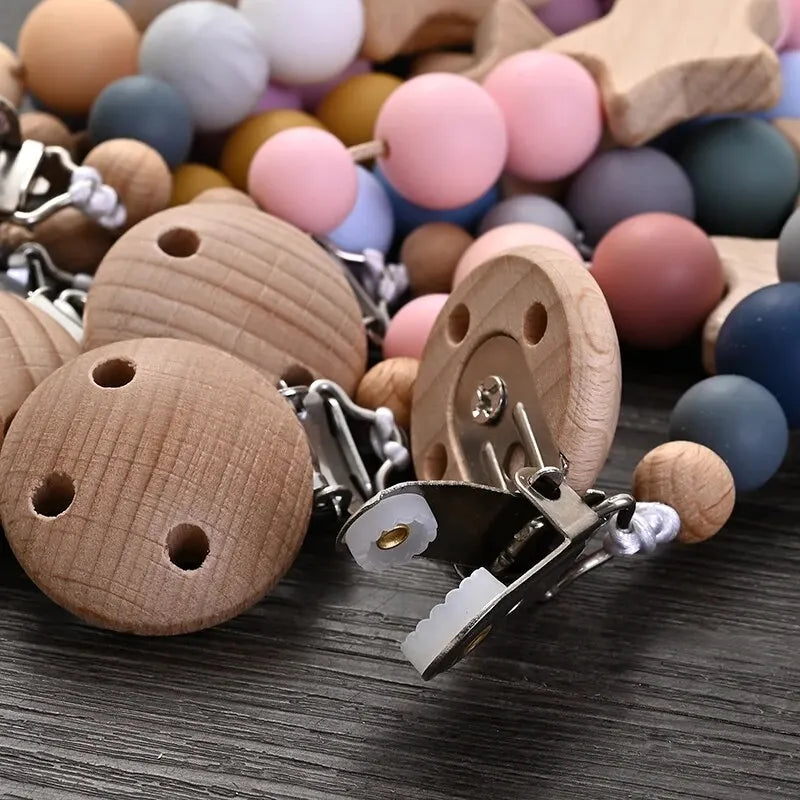 Wooden Star Pacifier Clip – Silicone Teething Beads Chain for Baby Soothers - Nestling Babies