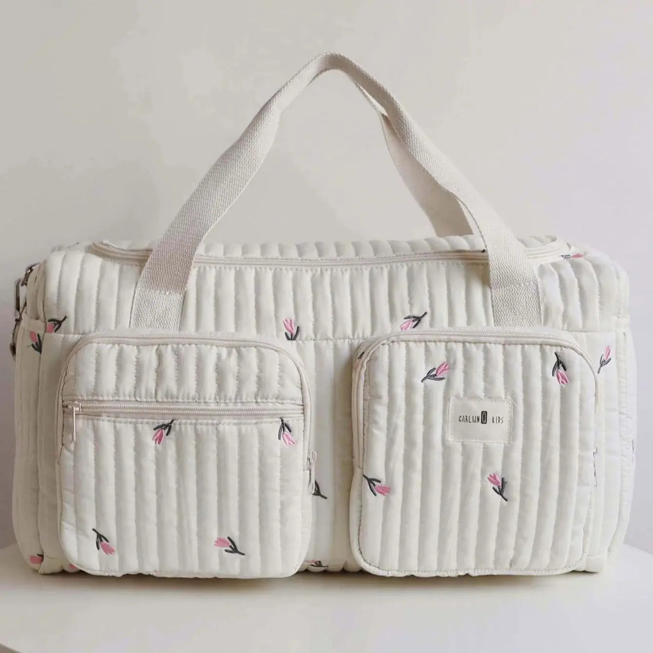 Embroidered Bear & Floral Mommy Diaper Bag – Cotton Zipper Tote for Baby Essentials - Nestling Babies