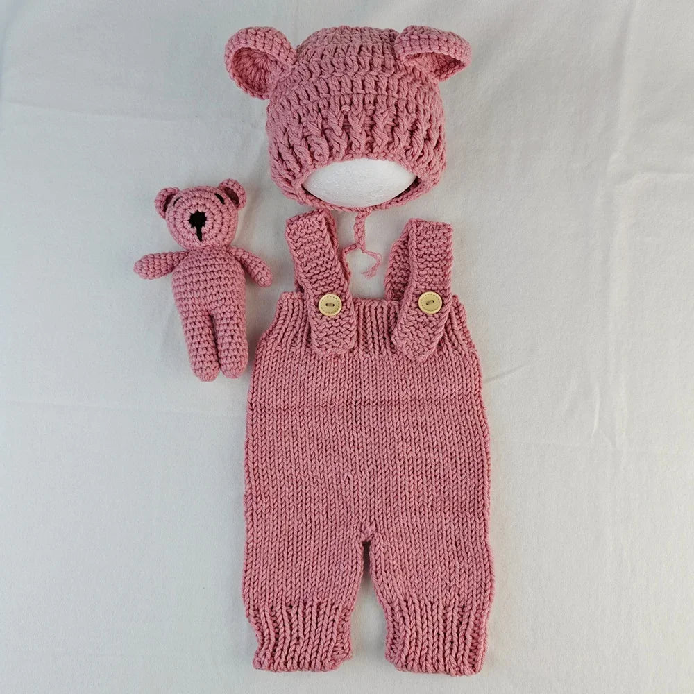 3-Piece Hand-Knitted Newborn Photoshoot Set – Romper, Bear Hat & Plush Toy - Nestling Babies