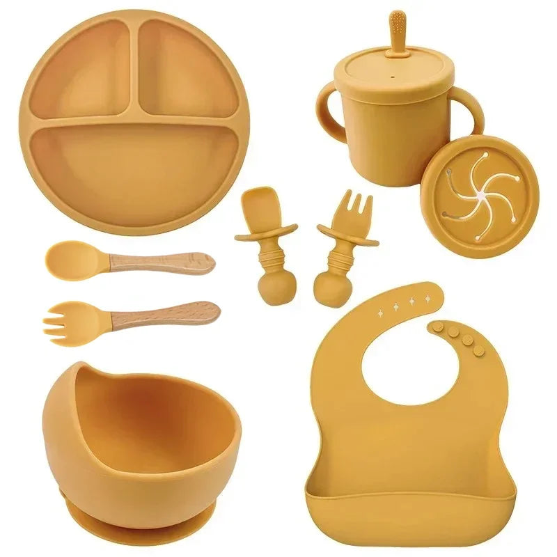 Baby Silicone Feeding Set – Suction Plate, Bowl, Straw Cup, Wooden Spoon & Fork | BPA-Free Tableware - Nestling Babies