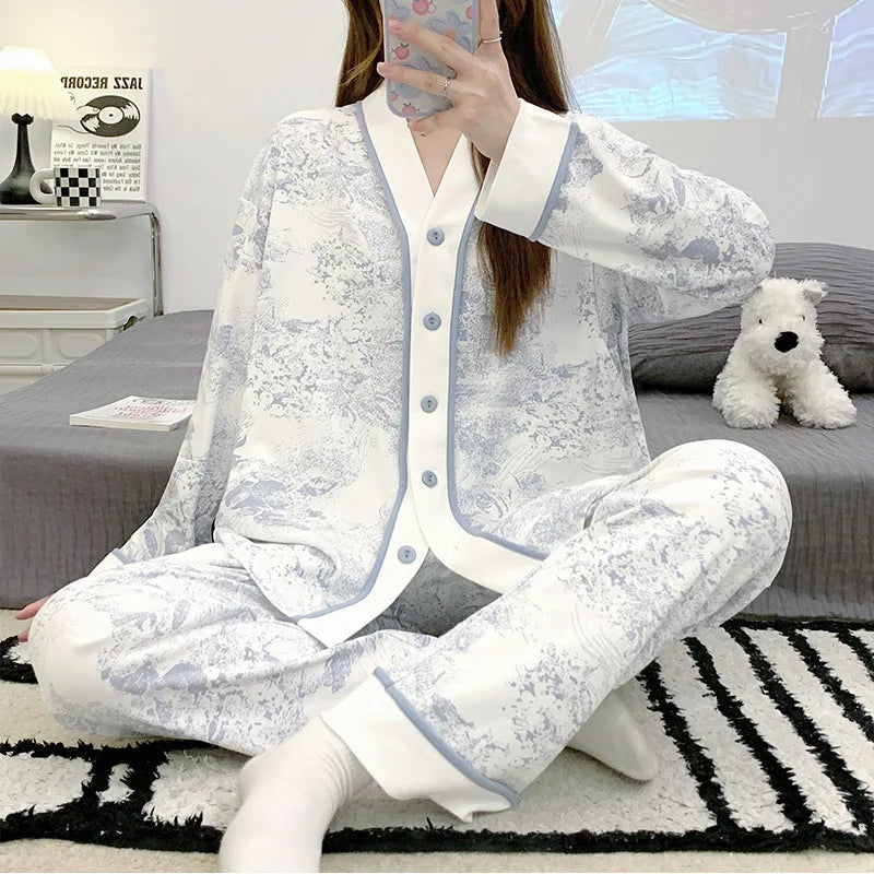 Cotton Nursing Pajamas Set – Lightweight Postpartum Sleepwear for Spring & Autumn - Nestling Babies