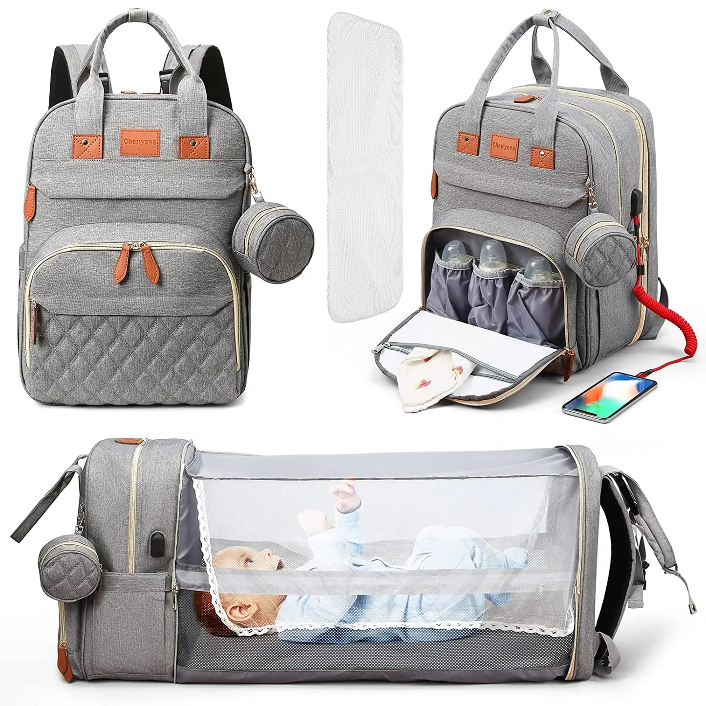 3-in-1 Diaper Bag Backpack – Foldable Baby Bed with USB & Waterproof Storage - Nestling Babies
