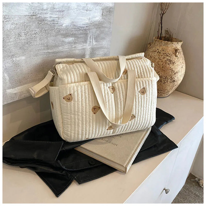 2024 Embroidered Bear Mummy Bag – High-Capacity Diaper Tote for Stylish Moms - Nestling Babies
