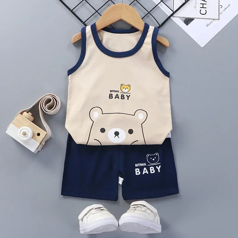 Summer Cotton Vest & Shorts Set for Toddlers – Lightweight Cartoon Outfit (1–3Y) - Nestling Babies