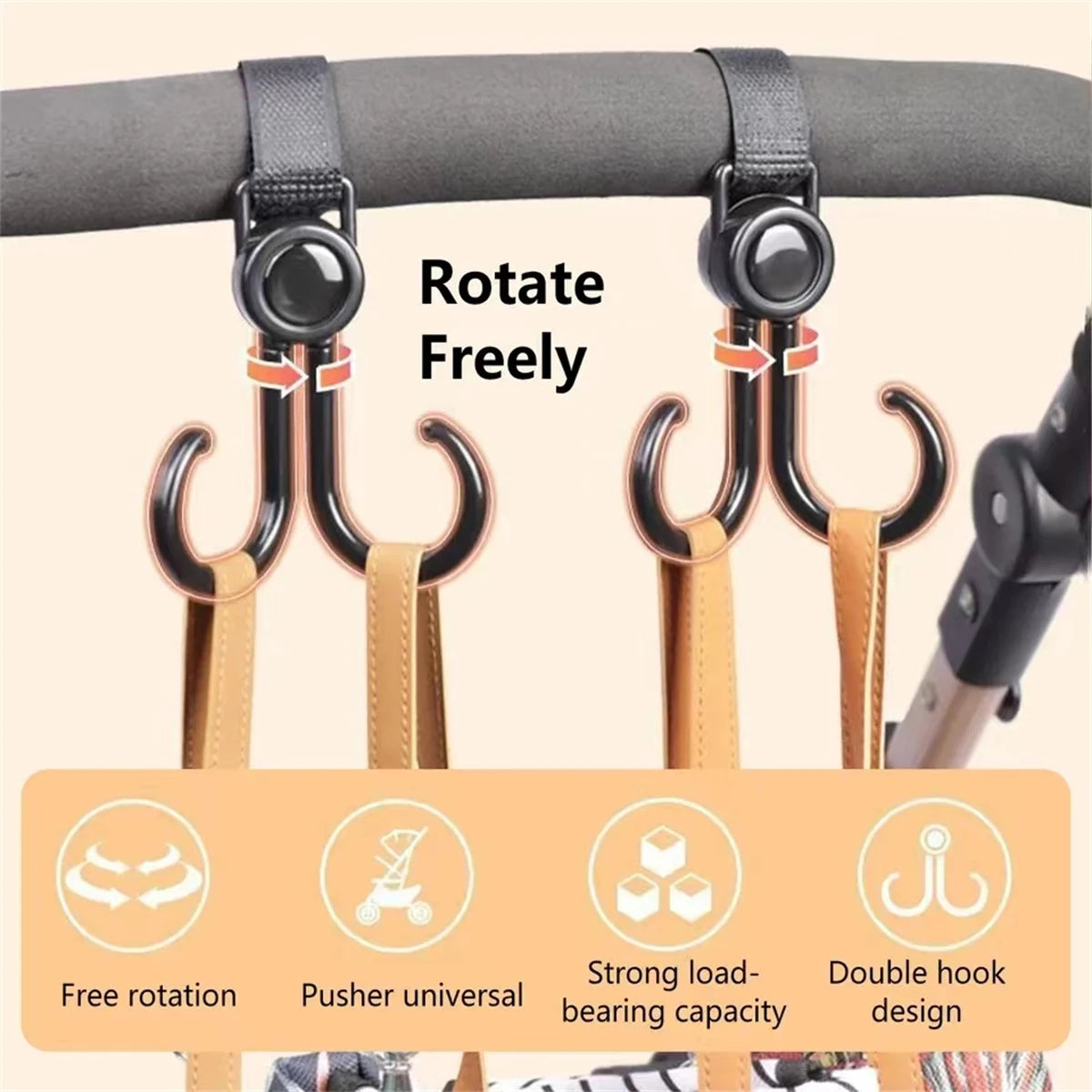 2PCS 360° Rotating PU Leather Stroller Hooks – Elegant Baby Bag Clips for Pram & Cart Organization - Nestling Babies