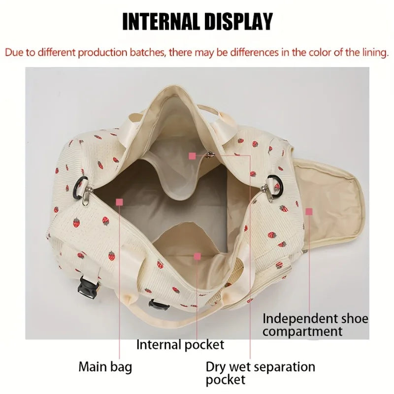 Strawberry Print Large Travel Duffel Bag – Wet/Dry Separation & Shoe Compartment - Nestling Babies