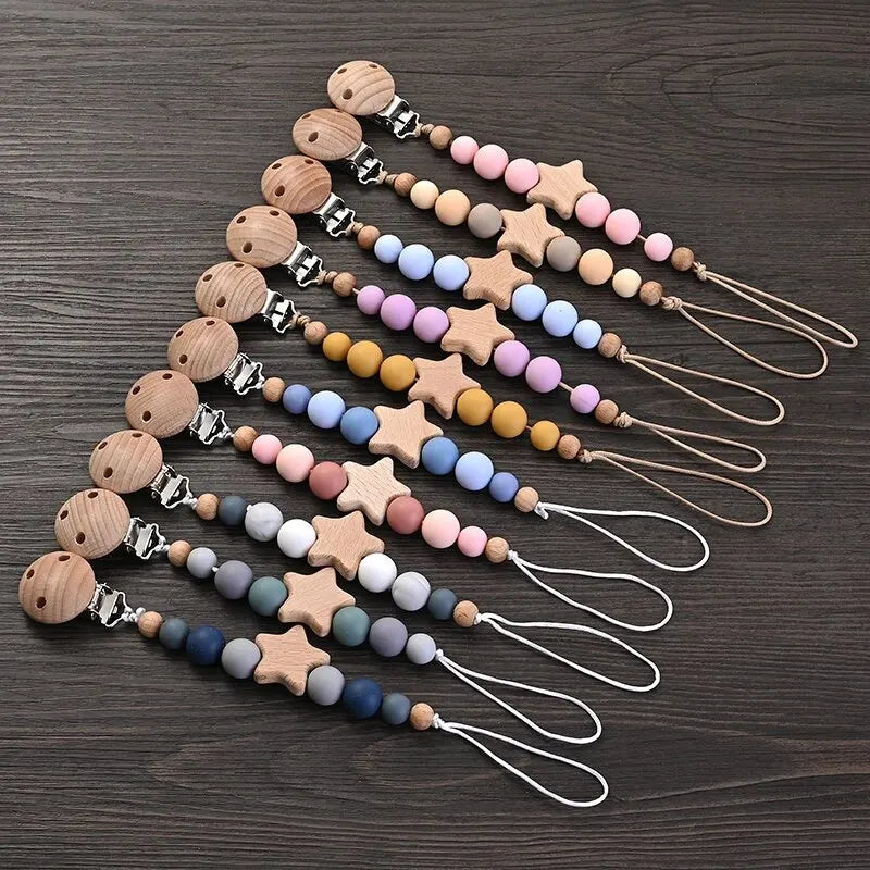 Wooden Star Pacifier Clip – Silicone Teething Beads Chain for Baby Soothers - Nestling Babies