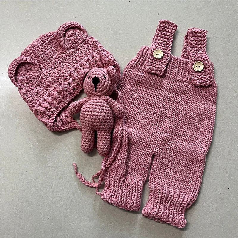 3-Piece Hand-Knitted Newborn Photoshoot Set – Romper, Bear Hat & Plush Toy - Nestling Babies