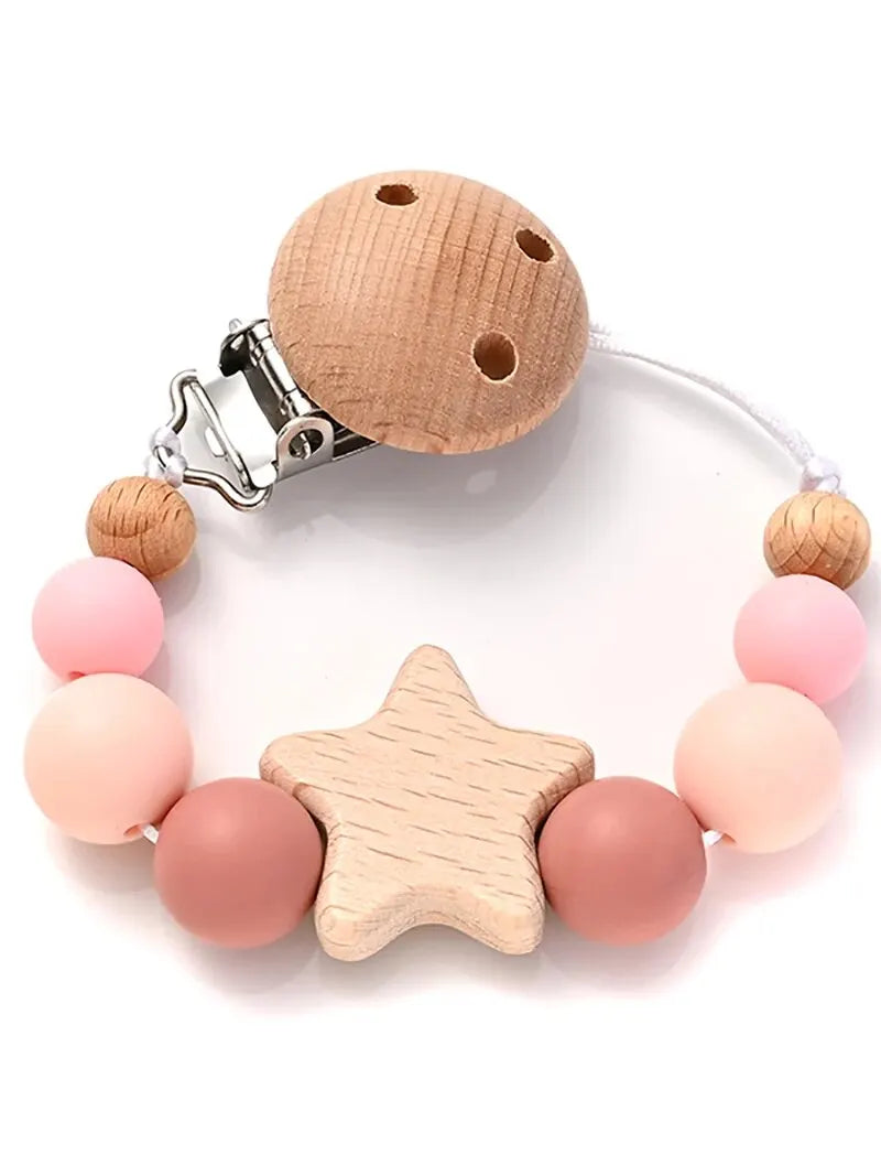 Wooden Star Pacifier Clip – Silicone Teething Beads Chain for Baby Soothers - Nestling Babies