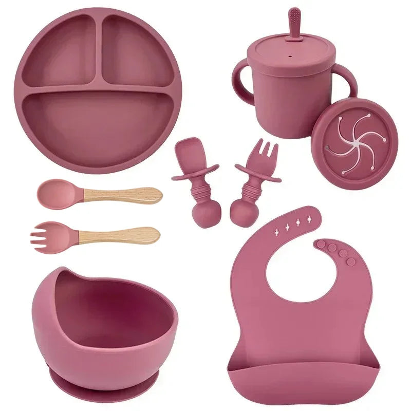 Baby Silicone Feeding Set – Suction Plate, Bowl, Straw Cup, Wooden Spoon & Fork | BPA-Free Tableware - Nestling Babies