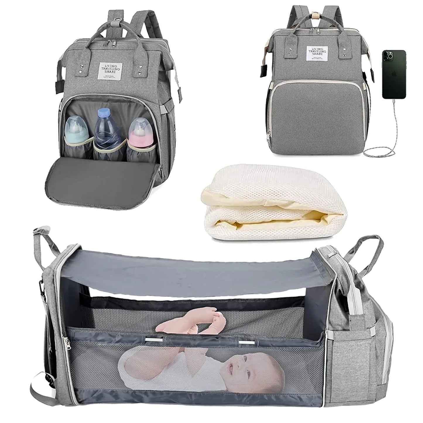 3-in-1 Diaper Bag Backpack – Foldable Baby Bed with USB & Waterproof Storage - Nestling Babies