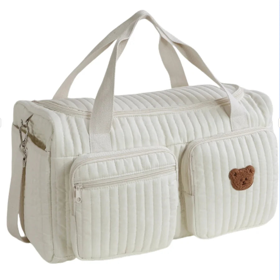 Embroidered Bear & Floral Mommy Diaper Bag – Cotton Zipper Tote for Baby Essentials - Nestling Babies