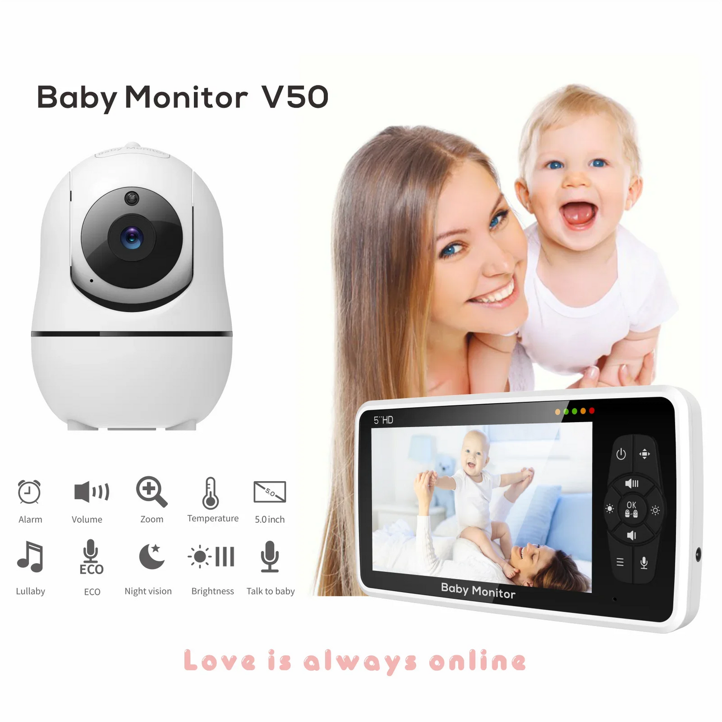 5” HD Video Baby Monitor with 2-Way Audio, Night Vision & Temperature Sensor – 22H Battery & 1000ft Range - Nestling Babies