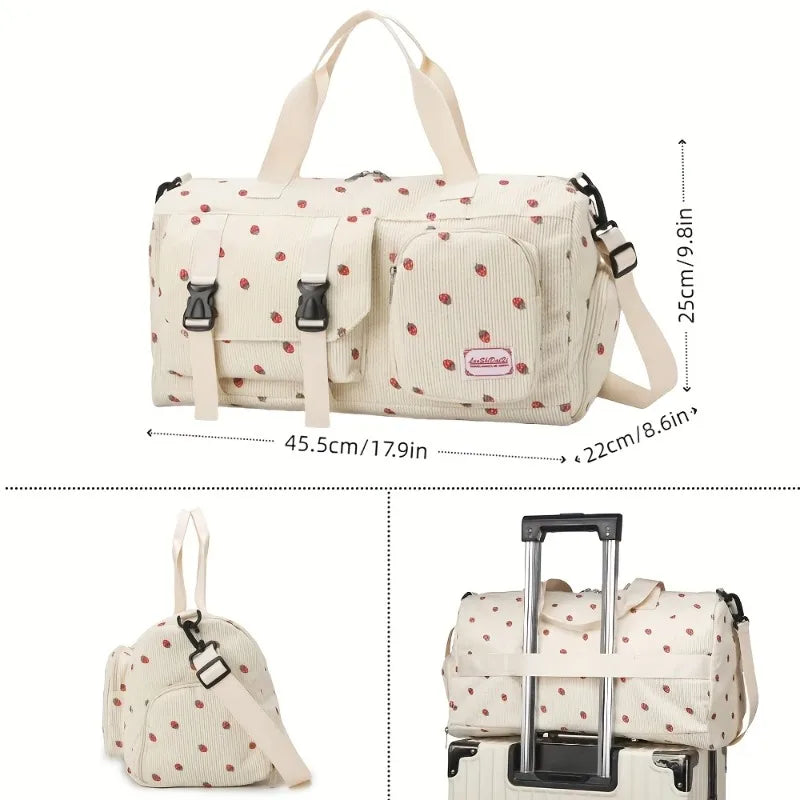 Strawberry Print Large Travel Duffel Bag – Wet/Dry Separation & Shoe Compartment - Nestling Babies