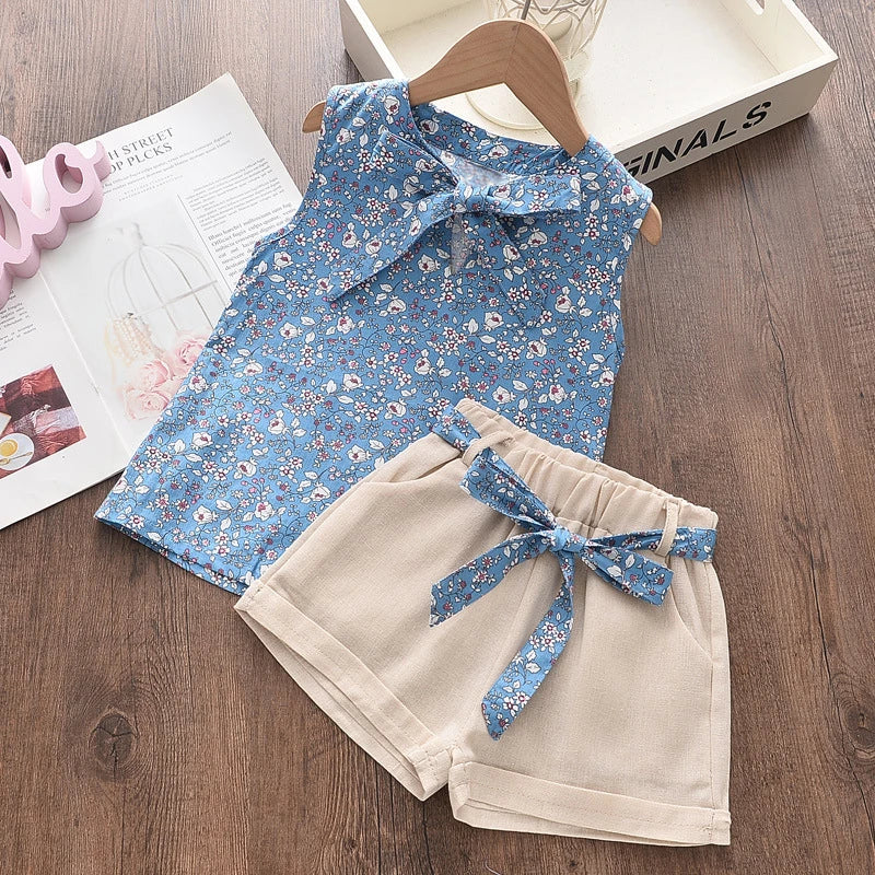 Summer Sleeveless Set for Girls – Printed Vest & Shorts Outfit (12M–4T) - Nestling Babies