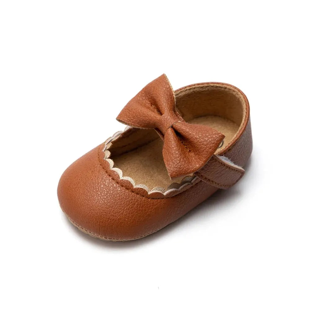 Baby Girl Bowknot Dress Shoes – Soft PU First Walkers with Non-Slip Rubber Sole - Nestling Babies