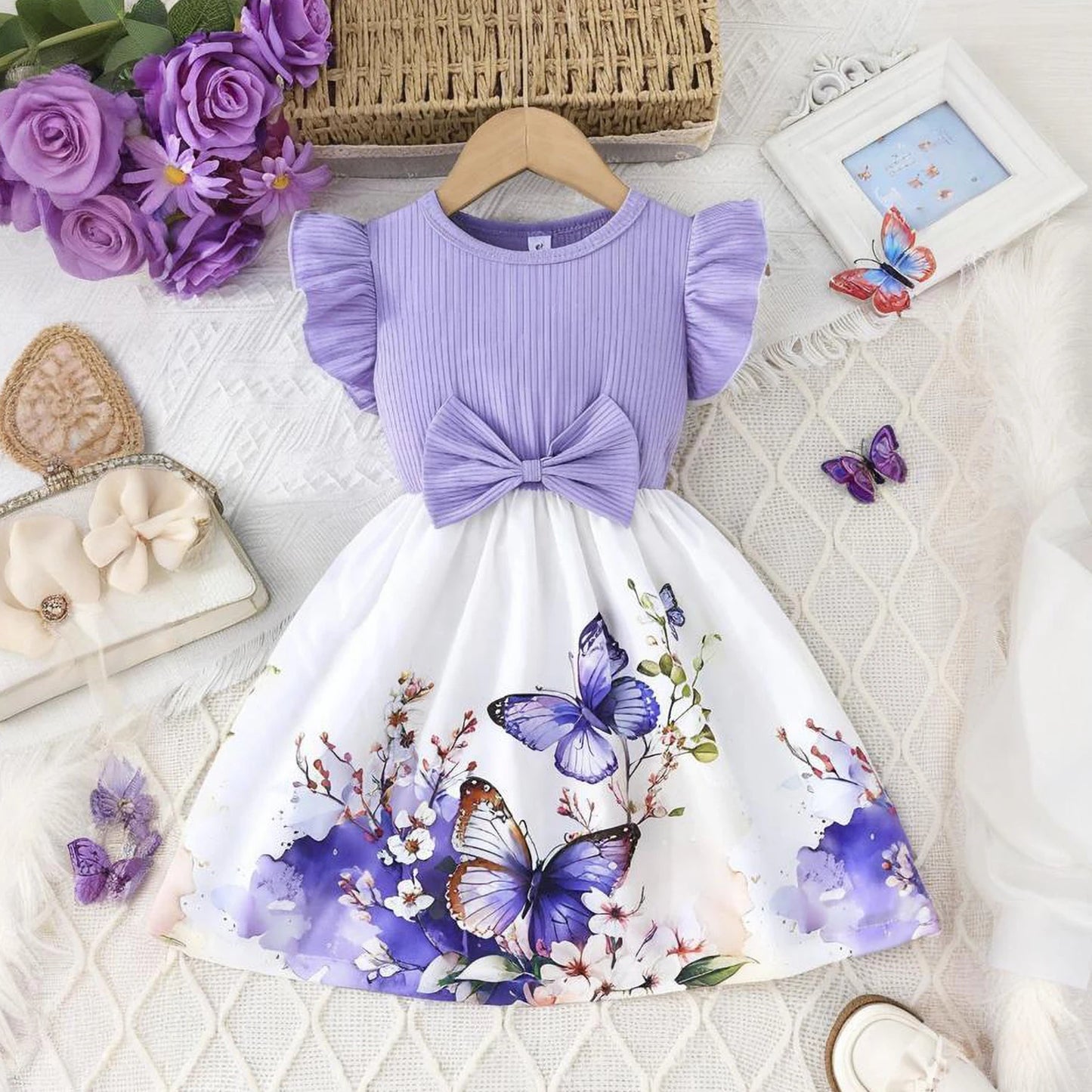 Butterfly Princess Dress for Girls – Sleeveless Floral Party Gown with Bow - Nestling Babies