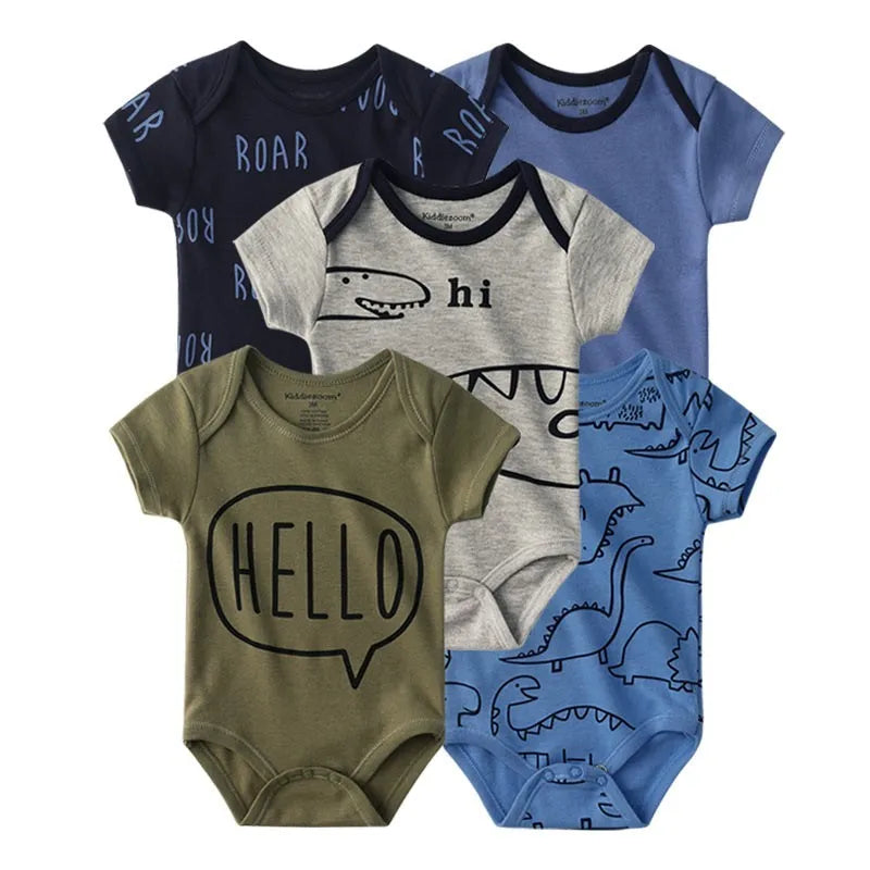 Everyday Essentials – 5-Pack Cartoon Cotton Bodysuits (0–12M | Unisex) - Nestling Babies