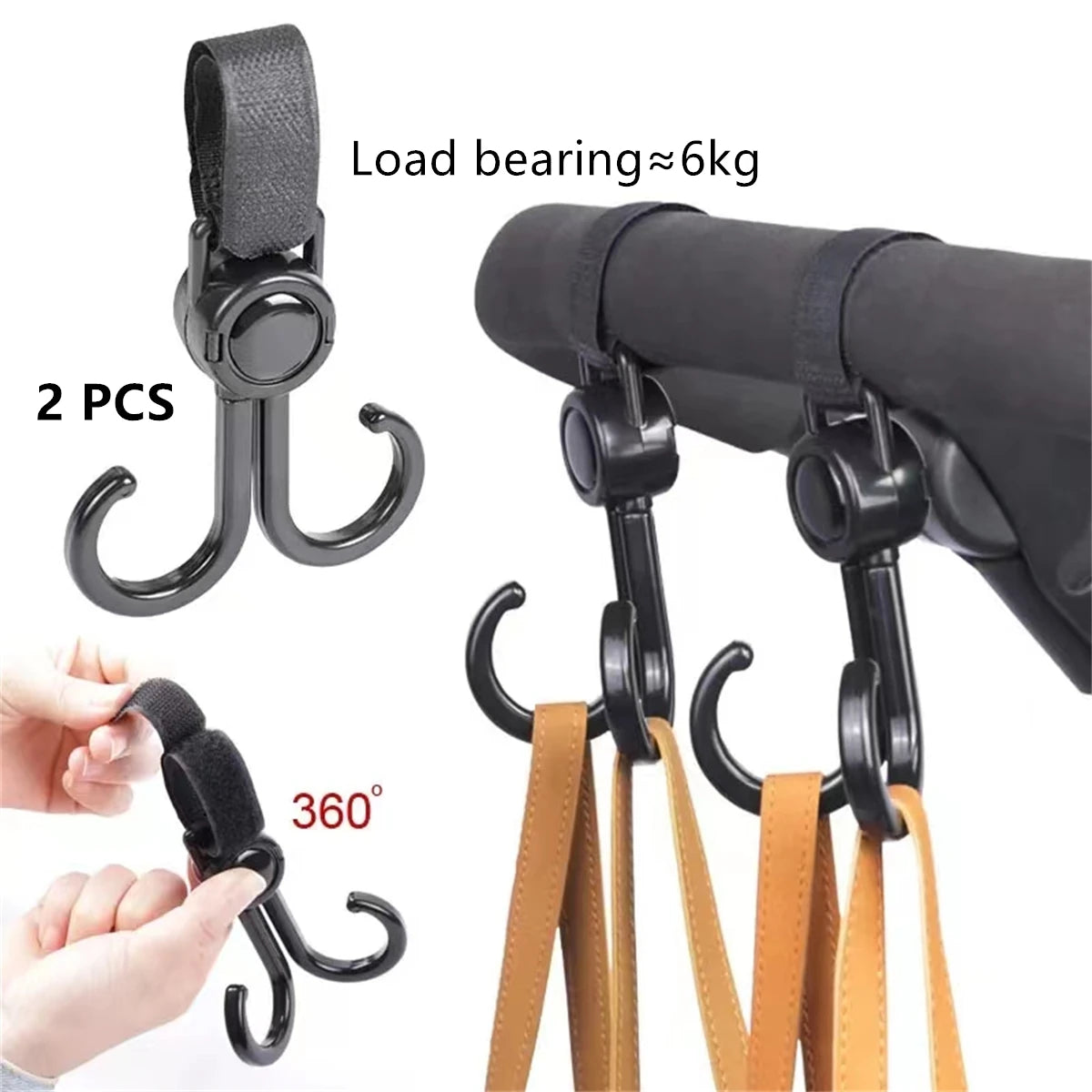 2PCS 360° Rotating PU Leather Stroller Hooks – Elegant Baby Bag Clips for Pram & Cart Organization - Nestling Babies