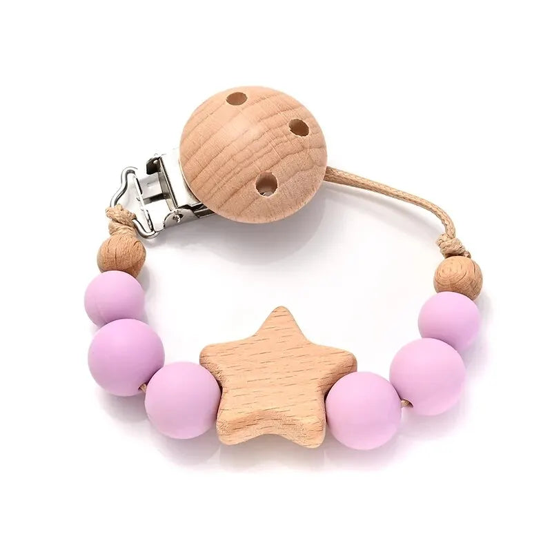 Wooden Star Pacifier Clip – Silicone Teething Beads Chain for Baby Soothers - Nestling Babies
