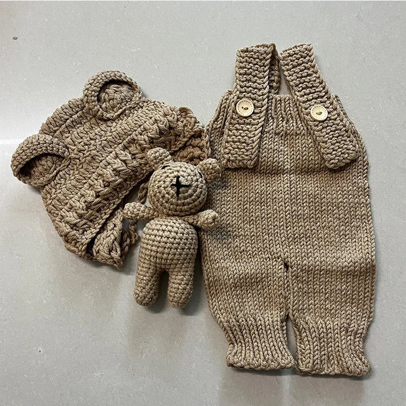 3-Piece Hand-Knitted Newborn Photoshoot Set – Romper, Bear Hat & Plush Toy - Nestling Babies