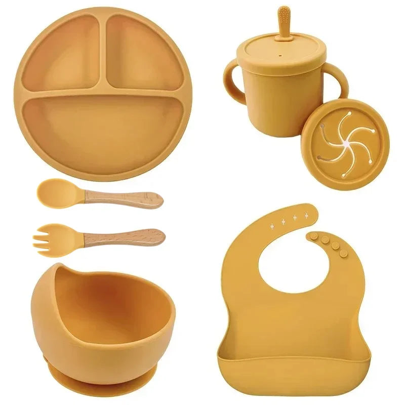 Baby Silicone Feeding Set – Suction Plate, Bowl, Straw Cup, Wooden Spoon & Fork | BPA-Free Tableware - Nestling Babies