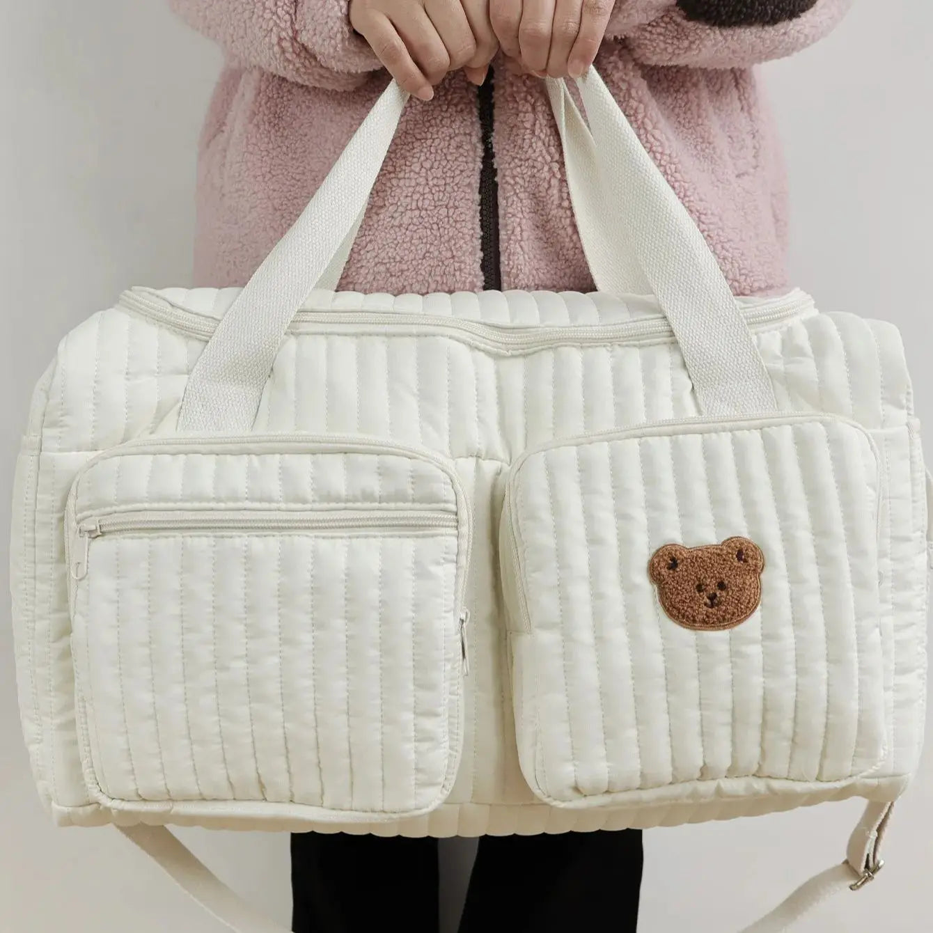Embroidered Bear & Floral Mommy Diaper Bag – Cotton Zipper Tote for Baby Essentials - Nestling Babies