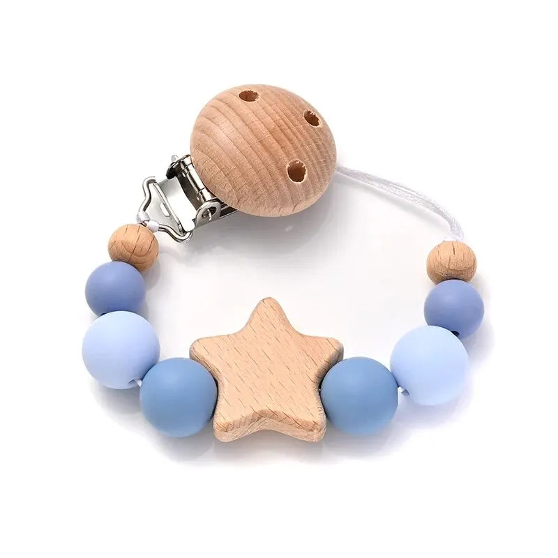 Wooden Star Pacifier Clip – Silicone Teething Beads Chain for Baby Soothers - Nestling Babies