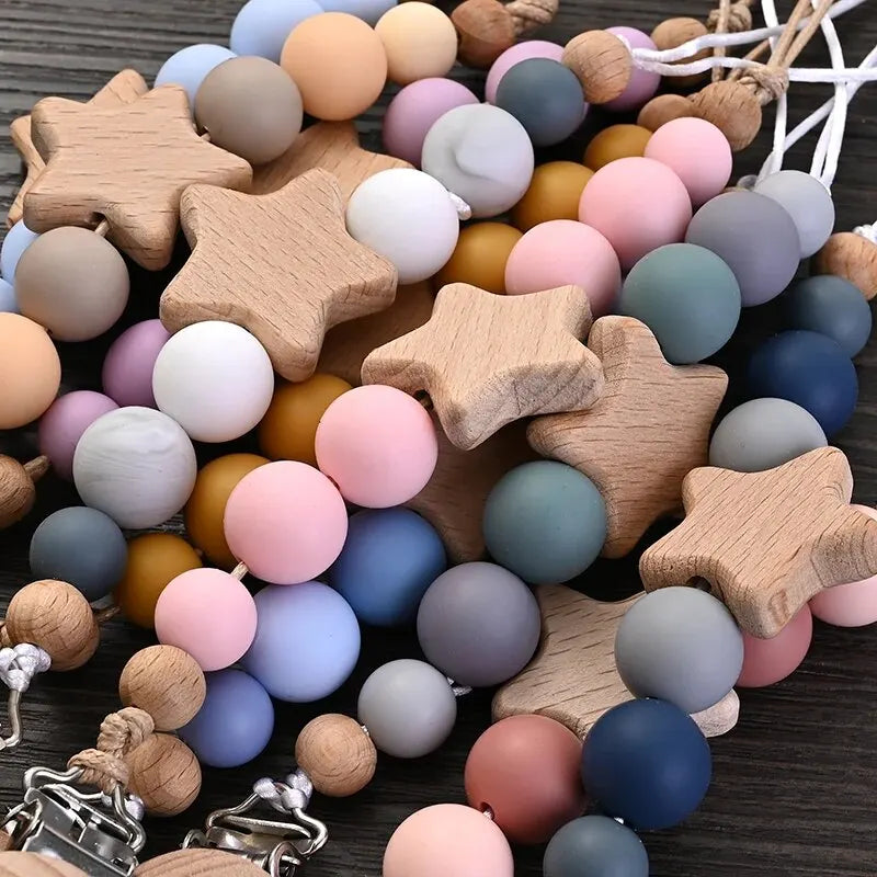 Wooden Star Pacifier Clip – Silicone Teething Beads Chain for Baby Soothers - Nestling Babies