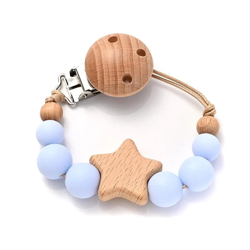 Wooden Star Pacifier Clip – Silicone Teething Beads Chain for Baby Soothers - Nestling Babies