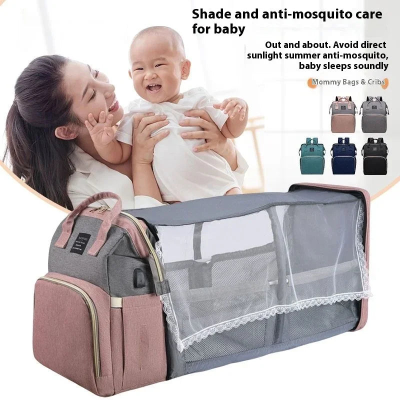 3-in-1 Mommy Diaper Backpack with Foldable Crib – Lightweight & Spacious Travel Baby Bag for Moms - Nestling Babies