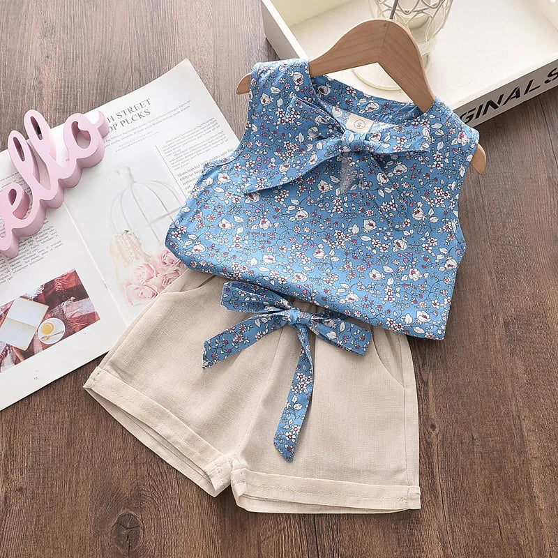 Summer Sleeveless Set for Girls – Printed Vest & Shorts Outfit (12M–4T) - Nestling Babies