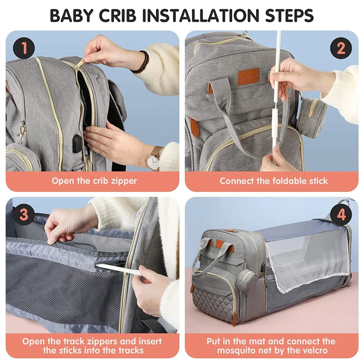 3-in-1 Diaper Bag Backpack – Foldable Baby Bed with USB & Waterproof Storage - Nestling Babies