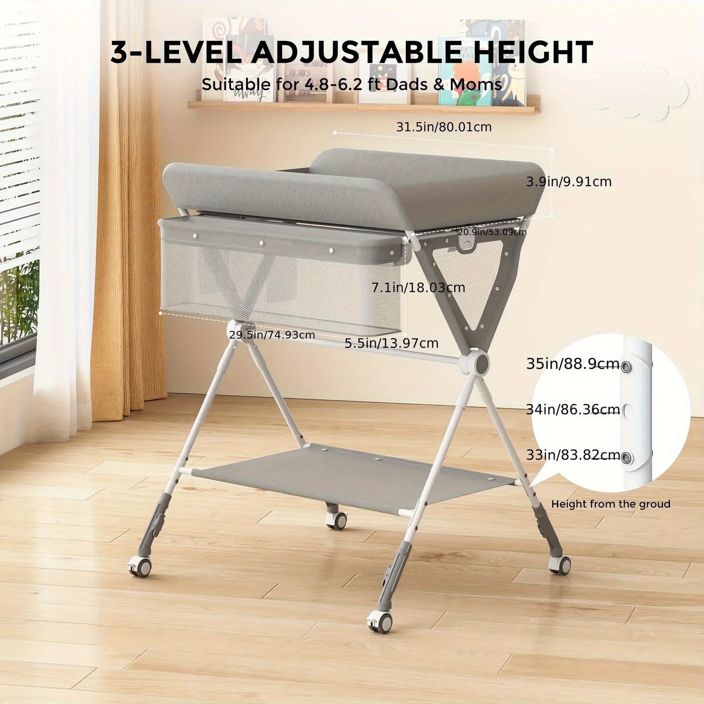 SEJOY Foldable Baby Changing Table with Wheels – Adjustable Height, Storage Basket & Clothes Rail - Nestling Babies