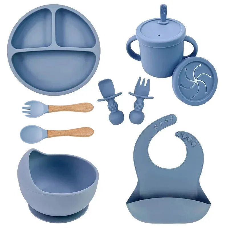 Baby Silicone Feeding Set – Suction Plate, Bowl, Straw Cup, Wooden Spoon & Fork | BPA-Free Tableware - Nestling Babies